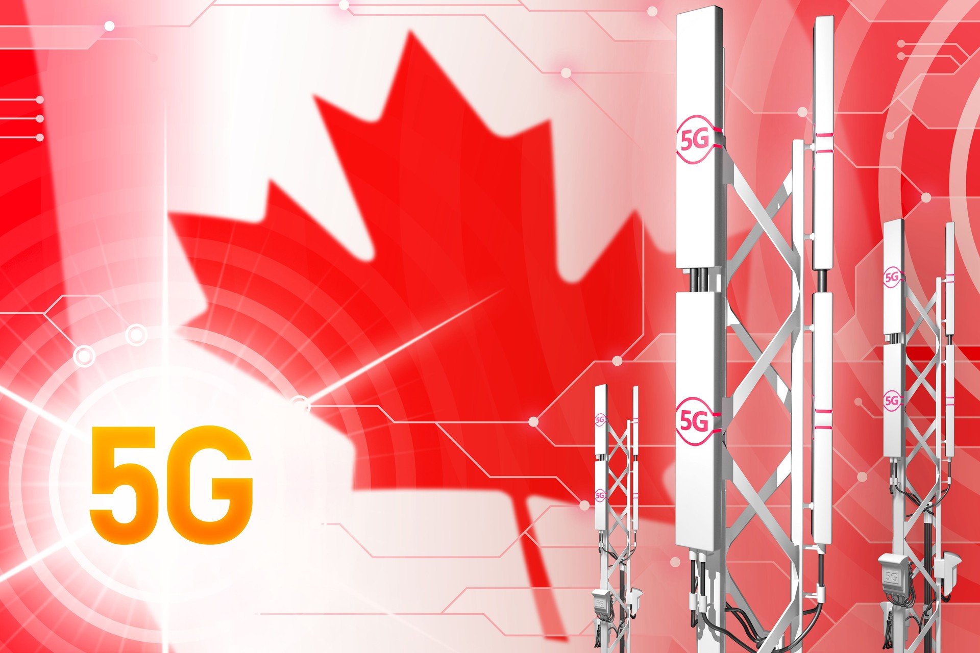 Canada 5G industrial illustration, large cellular network mast or tower on modern background with the flag - 3D Illustration